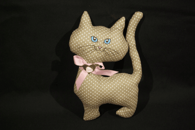 654-Doudou chat petit modèle, marron à pois blanc hauteur 26 cm